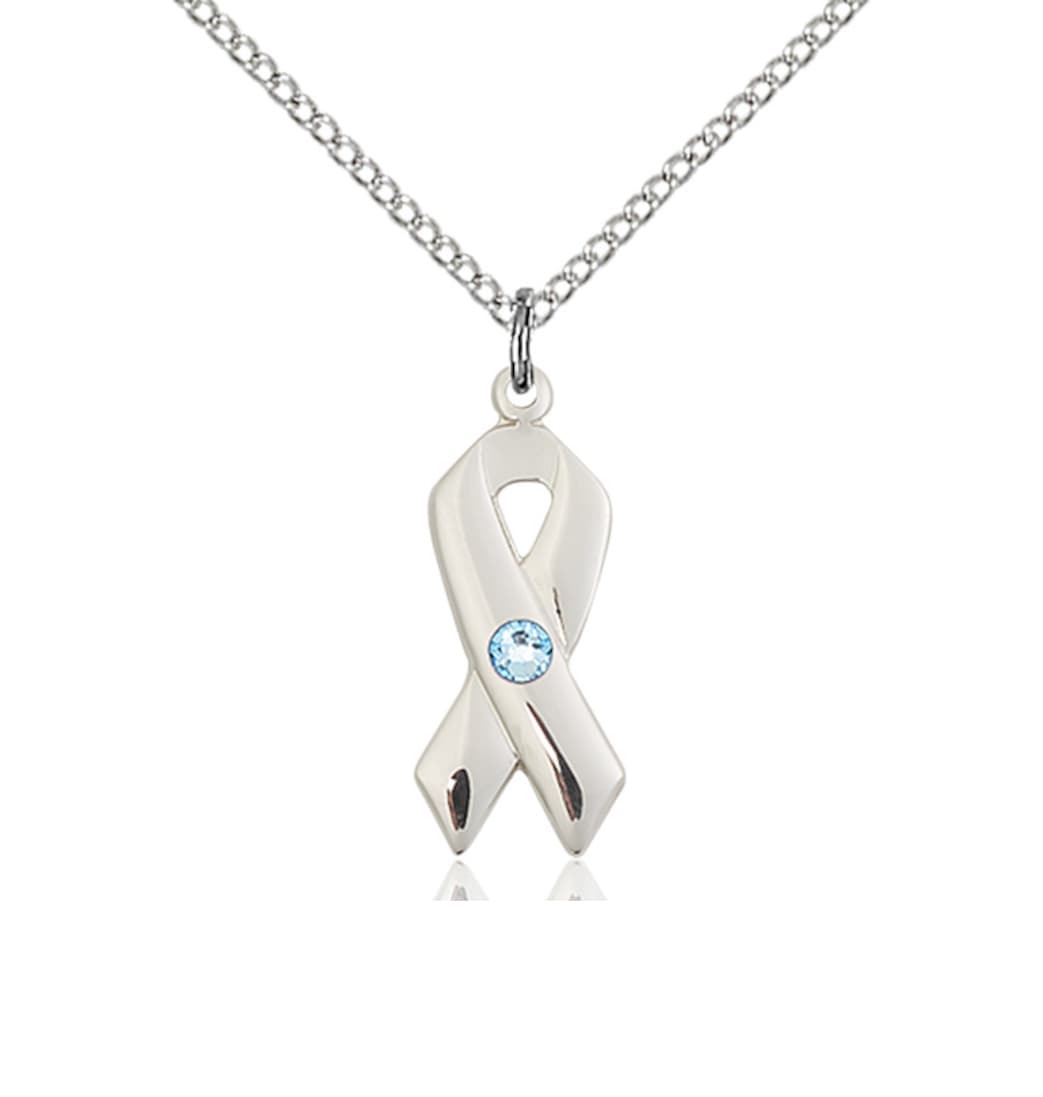 Bliss Cancer Awareness Ribbon Birthstone March/Aqua Crystal Sterling Silver Pendant,