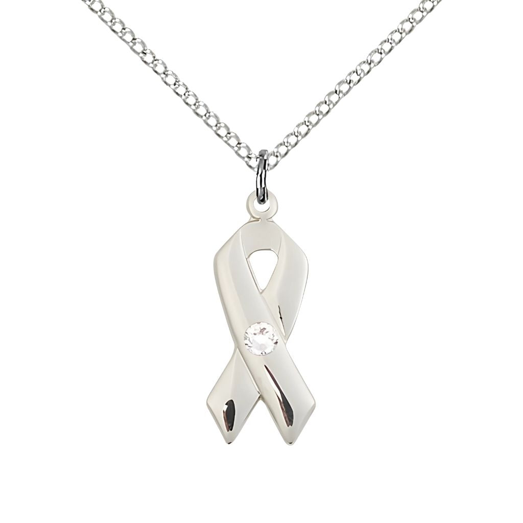 Bliss Cancer Awareness Ribbon Birthstone April Crystal Sterling Silver Pendant with Sterling Chain, Measures 7/8 X 3/8