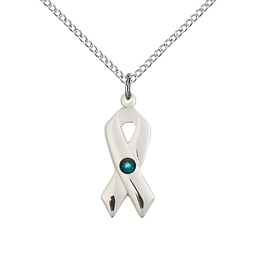 Bliss Cancer Awareness Ribbon Birthstone May/Emerald Crystal Sterling Silver Pendant with Sterling Chain, Measures 7/8 X 3/8