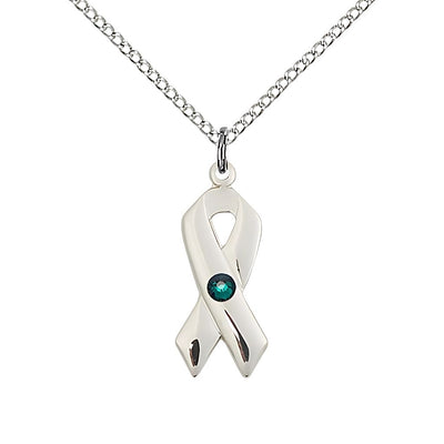 Cancer Awareness Ribbon Birthstone May/Emerald Crystal Sterling Silver Pendant with Sterling Chain, Measures 7/8 X 3/8, Bliss Manufacturing
