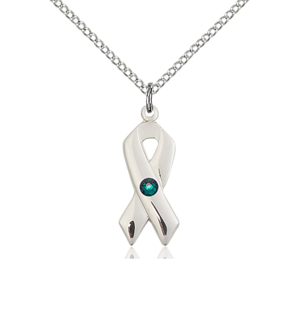 Bliss Cancer Awareness Ribbon Birthstone May/Emerald Crystal Sterling Silver Pendant,