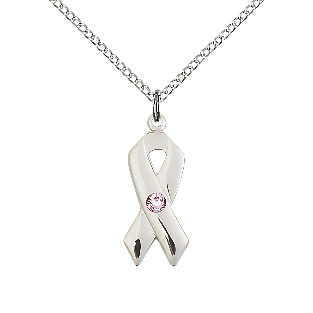 Bliss Cancer Awareness Ribbon Birthstone Jun/Light Amethyst Crystal Sterling Silver Pendant with Sterling Chain, Measures 7/8 X 3/8