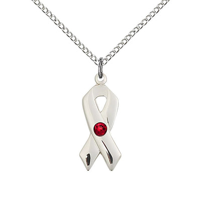Cancer Awareness Ribbon Birthstone Crystal July/Ruby Sterling Silver Pendant with Sterling Chain, Measures 7/8 X 3/8, Bliss Manufacturing