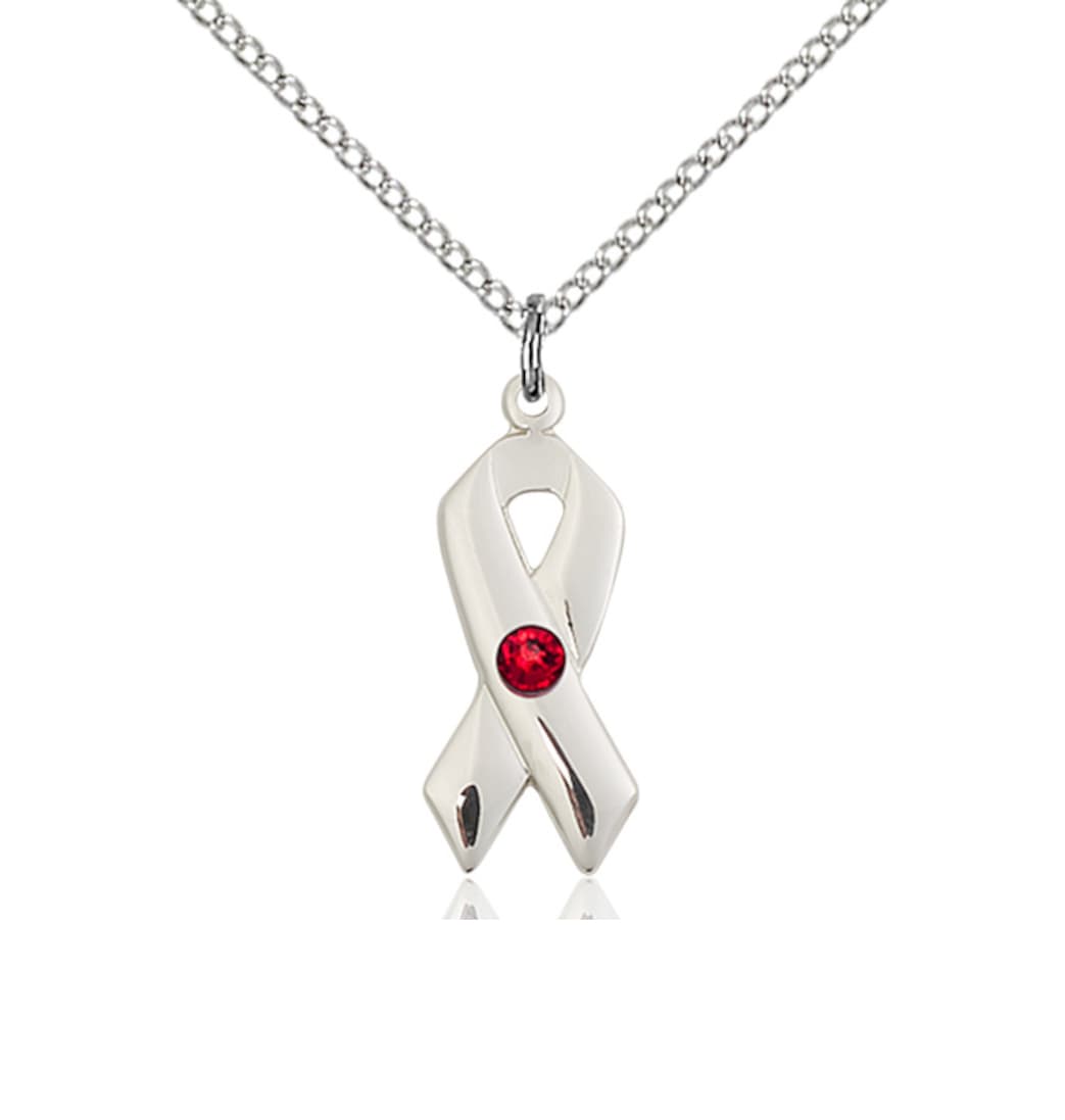 Bliss Cancer Awareness Ribbon Birthstone Crystal July/Ruby Sterling Silver Pendant,