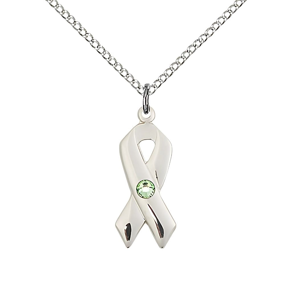 Bliss Cancer Awareness Ribbon Birthstone Aug/Peridot Crystal Sterling Silver Pendant with Sterling Chain, Measures 7/8 X 3/8