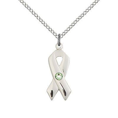 Cancer Awareness Ribbon Birthstone Aug/Peridot Crystal Sterling Silver Pendant with Sterling Chain, Measures 7/8 X 3/8, Bliss Manufacturing