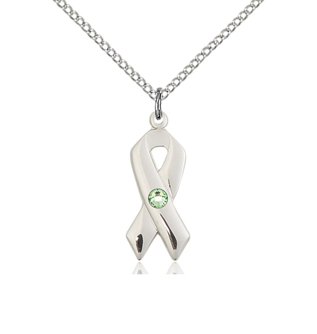 Bliss Cancer Awareness Ribbon Birthstone Aug/Peridot Crystal Sterling Silver Pendant,