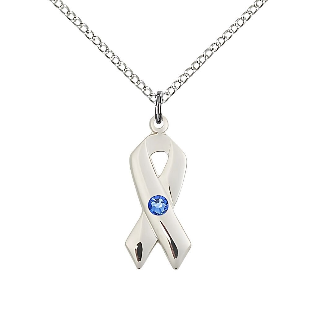 Bliss Cancer Awareness Ribbon Birthstone Sep/Sapphire Crystal Sterling Silver Pendant with Sterling Chain, Measures 7/8 X 3/8