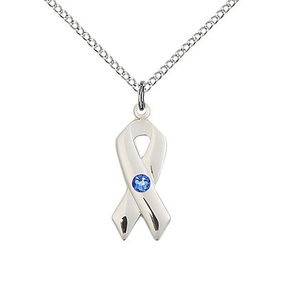 Cancer Awareness Ribbon Birthstone Sep/Sapphire Crystal Sterling Silver Pendant with Sterling Chain, Measures 7/8 X 3/8, Bliss Manufacturing