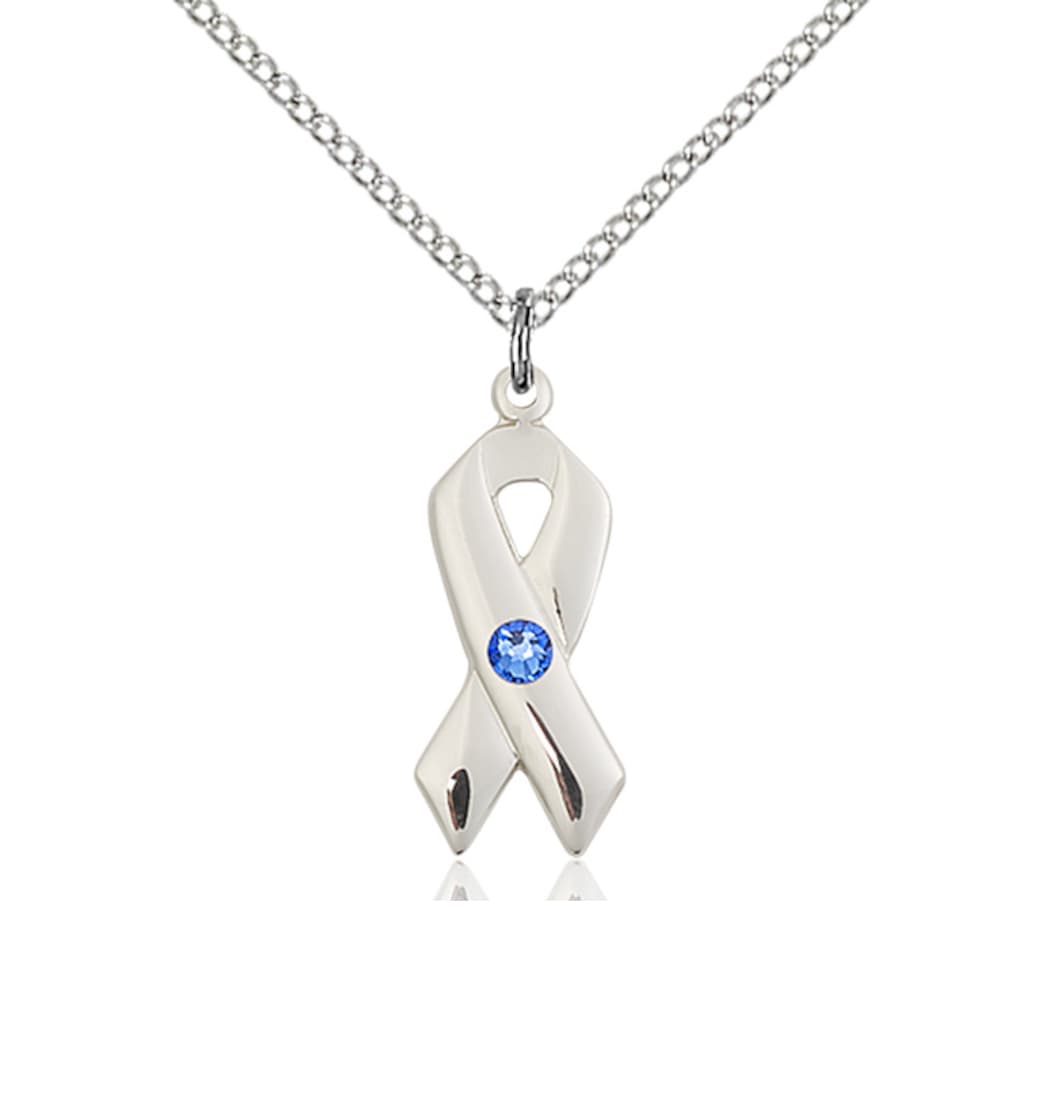 Bliss Cancer Awareness Ribbon Birthstone Sep/Sapphire Crystal Sterling Silver Pendant,