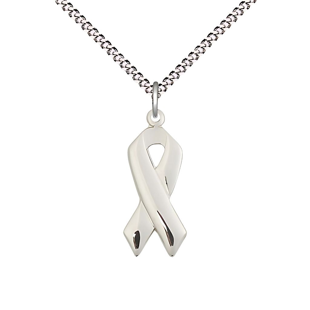 Bliss Cancer Awareness Ribbon Sterling Silver Medal with Plated Chain, Measures 7/8 X 3/8