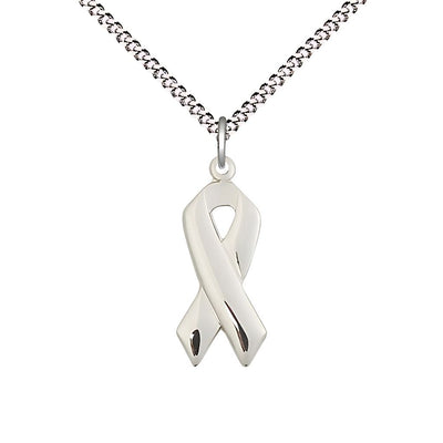 Cancer Awareness Ribbon Sterling Silver Medal with Plated Chain, Measures 7/8 X 3/8, Bliss Manufacturing