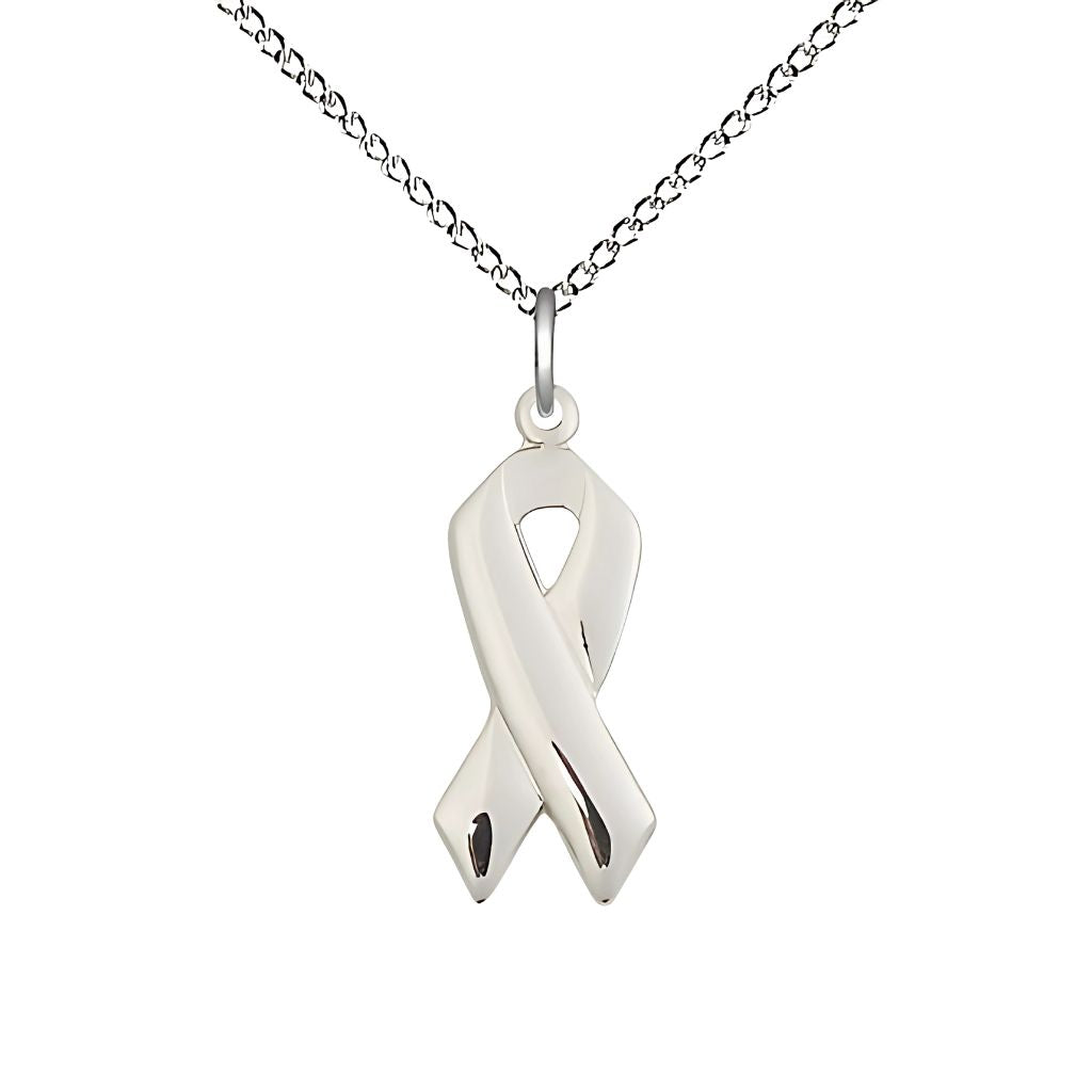 Bliss Cancer Awareness Ribbon Sterling Silver Medal with Sterling Silver Chain, Measures 7/8 X 3/8
