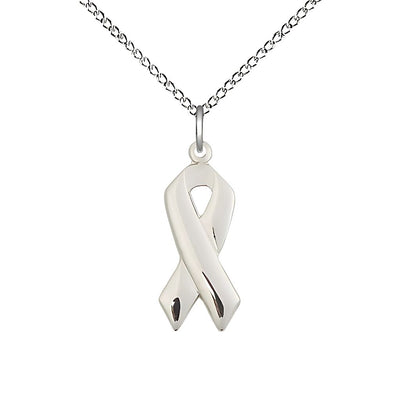 Cancer Awareness Ribbon Sterling Silver Medal with Sterling Silver Chain, Measures 7/8 X 3/8, Bliss Manufacturing