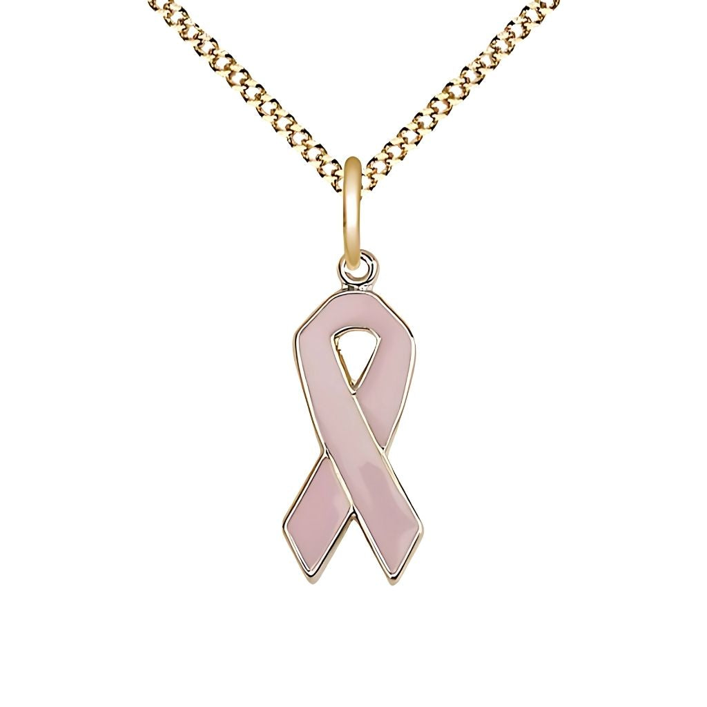 Beast Cancer Awareness Pink Ribbon 14kt Gold-filled Pendant with Gold-plated Chain by Bliss, Measures 7/8 X 3/8