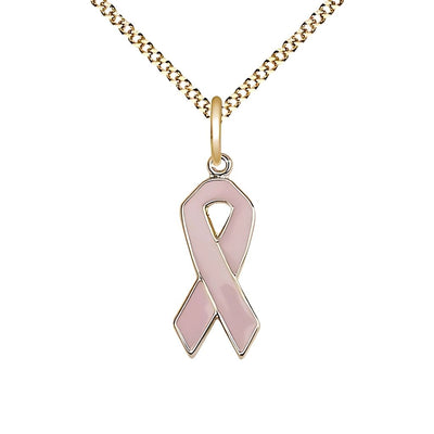 Beast Cancer Awareness Pink Ribbon 14kt Gold-filled Pendant with Gold-plated Chain, Measures 7/8 X 3/8, Bliss Manufacturing