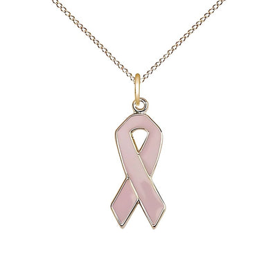 Beast Cancer Awareness Pink Ribbon 14kt Gold-filled Pendant with Gold-filled Chain, Measures 7/8 X 3/8, Bliss Manufacturing