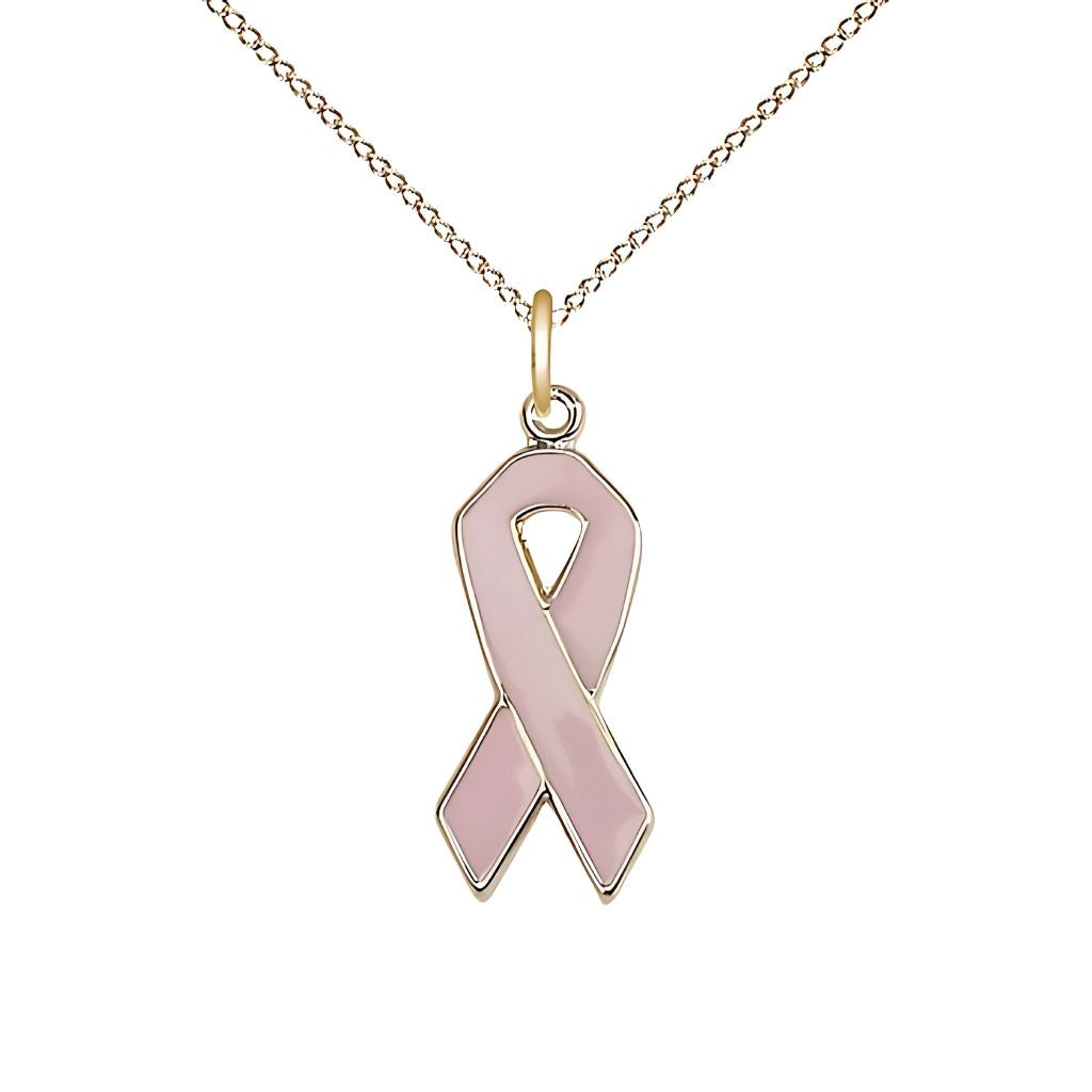 Beast Cancer Awareness Pink Ribbon 14kt Gold Pendant with 14kt Gold Chain by Bliss, Measures 7/8 X 3/8
