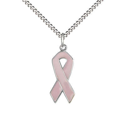 Breast Cancer Awareness Pink Ribbon Sterling Silver Medal with Plated Chain, Measures 7/8 X 3/8, Bliss Manufacturing