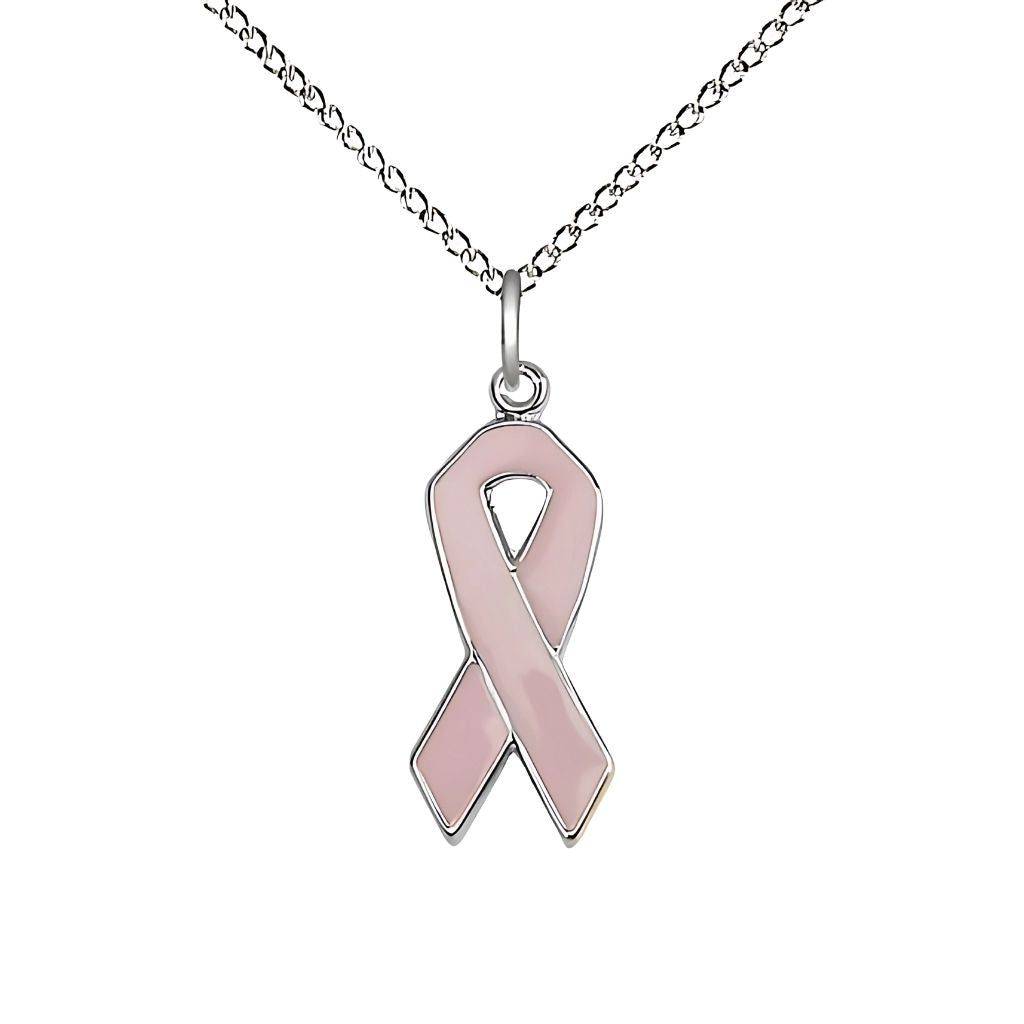 Bliss Breast Cancer Awareness Pink Ribbon Sterling Silver Medal with Sterling Silver Chain, Measures 7/8 X 3/8