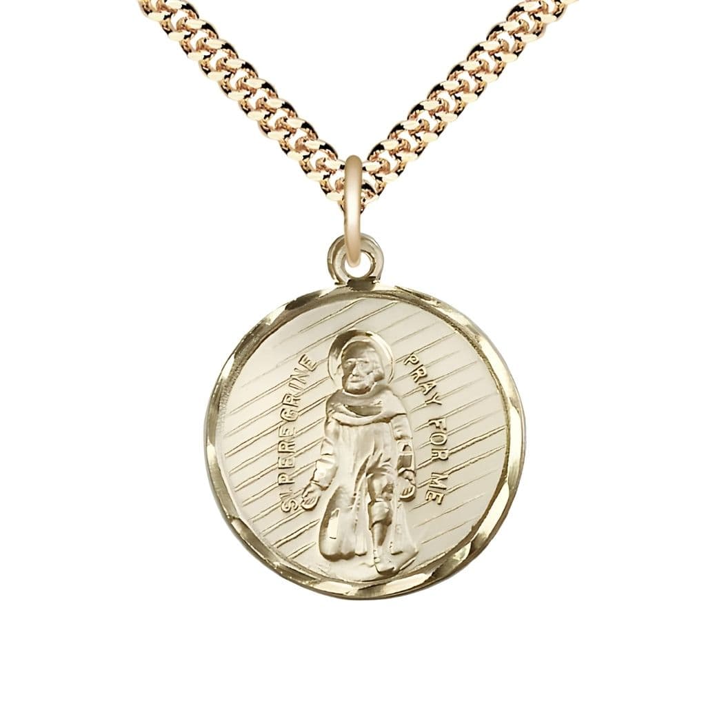 Bliss St. Peregrine Laziosi Pray for Us 14kt Gold-filled Oval Medal Pendant with Gold-plated Chain, Measures Measures 1-inch tall by 7/8-inch wide.Deluxe Gift Box.