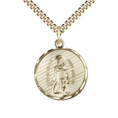 St. Peregrine Laziosi Pray for Us 14kt Gold-filled Oval Medal Pendant with Gold-plated Chain, Measures Measures 1-inch tall by 7/8-inch wide.Deluxe Gift Box, Bliss Manufacturing