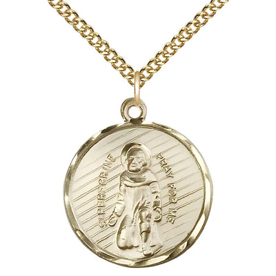 St. Peregrine Laziosi Pray for Us 14kt Gold-filled Oval Medal Pendant with Gold-filled Chain, Measures Measures 1-inch tall by 7/8-inch wide.Deluxe Gift Box, Bliss Manufacturing