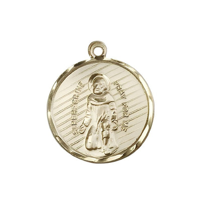 St. Peregrine Laziosi Pray for Us 14kt Gold Oval Medal Pendant, Measures Measures 1-inch tall by 7/8-inch wide.Deluxe Gift Box, Bliss Manufacturing