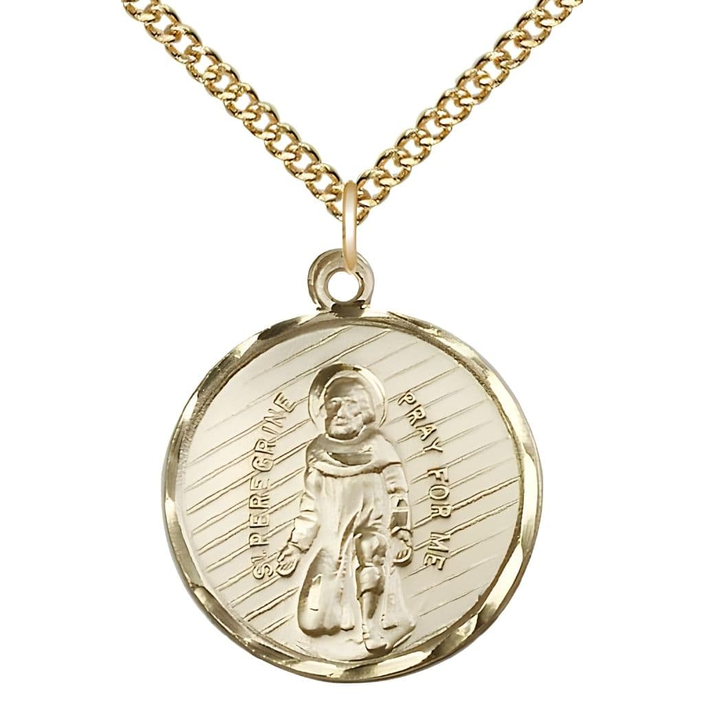 Bliss St. Peregrine Laziosi Pray for Us 14kt Gold Oval Medal Pendant with 14kt Gold Chain, Measures Measures 1-inch tall by 7/8-inch wide.Deluxe Gift Box.