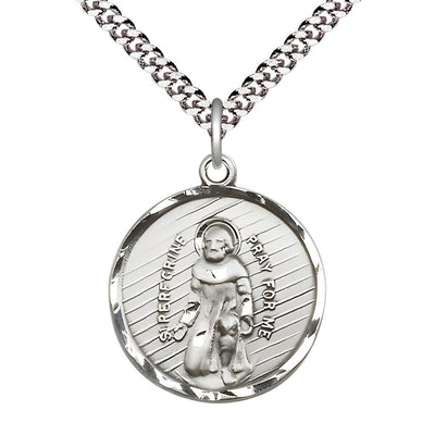 St. Peregrine Laziosi Pray for Us Sterling Silver Oval Medal Pendant with Rhodium-plated Chain, Measures Measures 1-inch tall by 7/8-inch wide.Deluxe Gift Box, Bliss Manufacturing