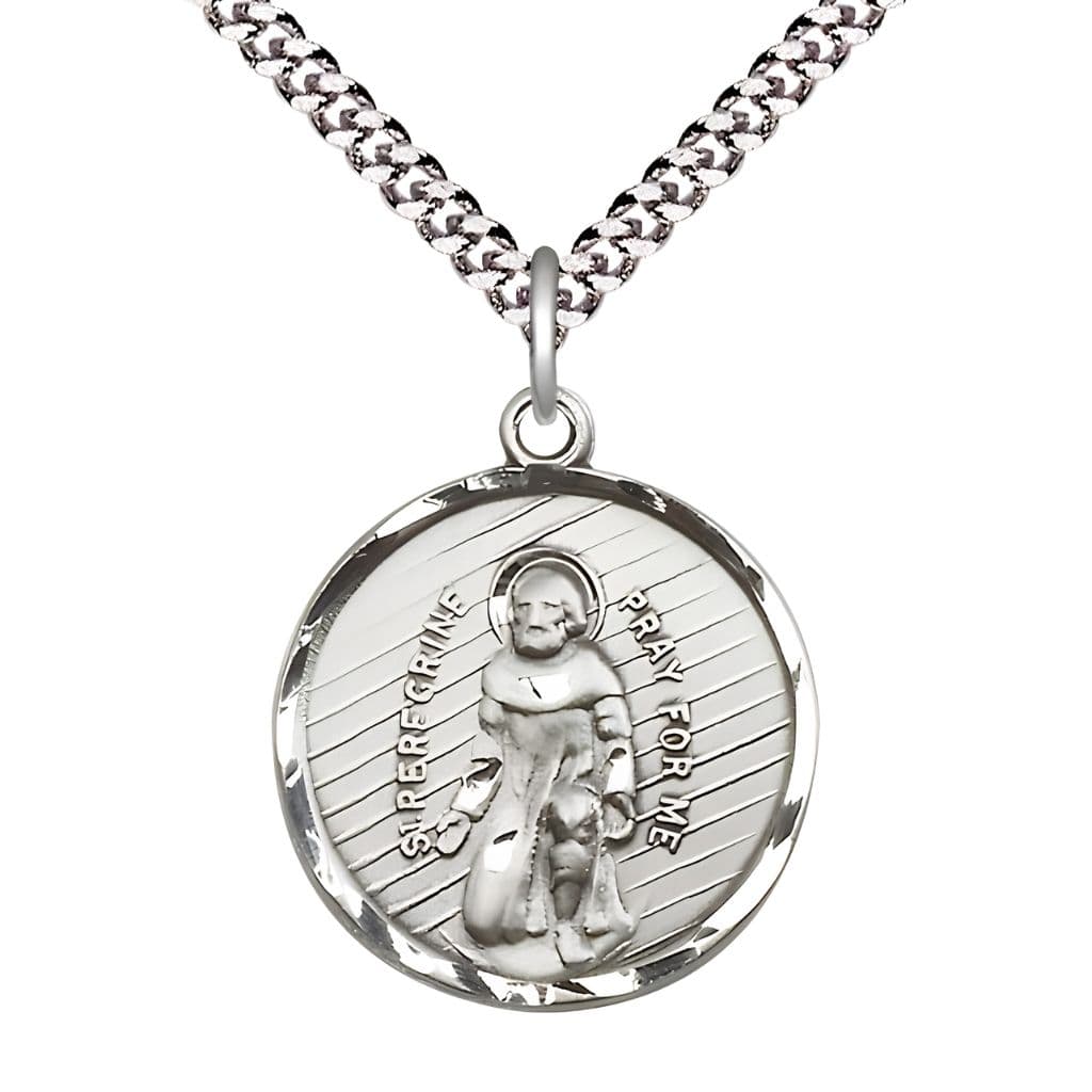 Bliss St. Peregrine Laziosi Pray for Us Sterling Silver Oval Medal Pendant with Sterling Silver Chain, Measures Measures 1-inch tall by 7/8-inch wide.Deluxe Gift Box.