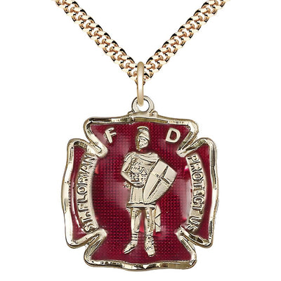 St. Florian Gold-filled Red Maltese Cross Medal with Gold-plated Chain, Medal Measures 1 1/8-inch tall by 1 - inch wide, Bliss Manufacturing
