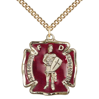 St. Florian Gold-filled Red Maltese Cross Medal with Gold-filled Chain, Medal Measures 1 1/8-inch tall by 1 - inch wide, Bliss Manufacturing