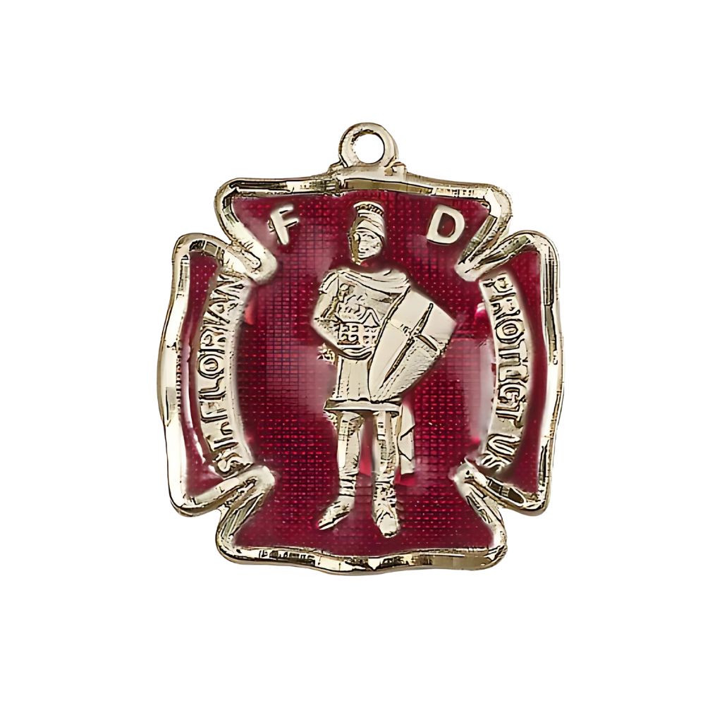 Bliss Large St. Florian 14kt Gold Red Maltese Cross Medal, Medal Measures 1 1/8-inch tall by 1 - inch wide