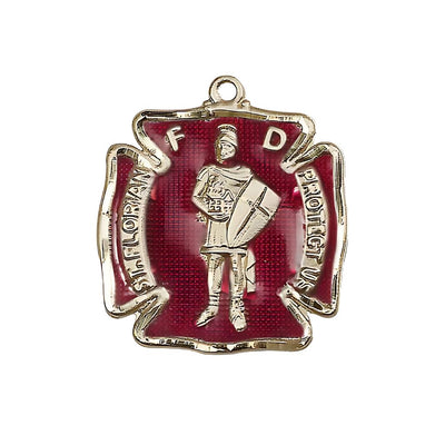 Large St. Florian 14kt Gold Red Maltese Cross Medal, Medal Measures 1 1/8-inch tall by 1 - inch wide, Bliss Manufacturing