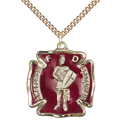 Large St. Florian 14kt Gold Red Maltese Cross Medal with 14kt Gold Chain, Medal Measures 1 1/8-inch tall by 1 - inch wide, Bliss Manufacturing