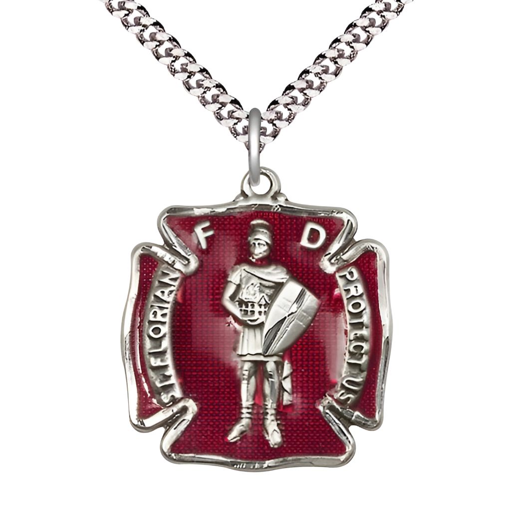 Bliss St. Florian Pewter Red Maltese Cross Medal with Rhodium-plated Heavy Curb Chain, Medal Measures 1 1/8-inch tall by 1 - inch wide