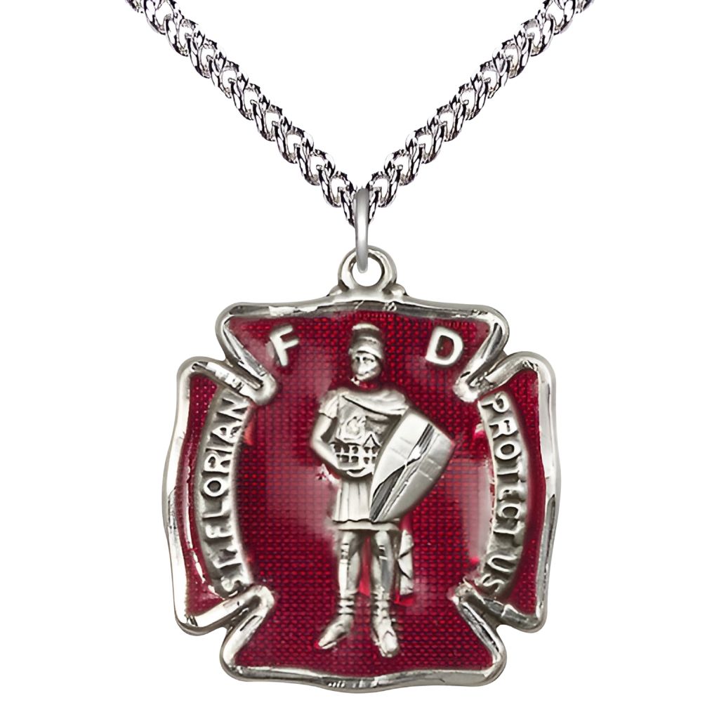 St. Florian Sterling Silver Red Maltese Cross Medal with the Sterling Silver Chain from Bliss in USA, Medal Measures 1 1/8-inch tall by 1 - inch wide