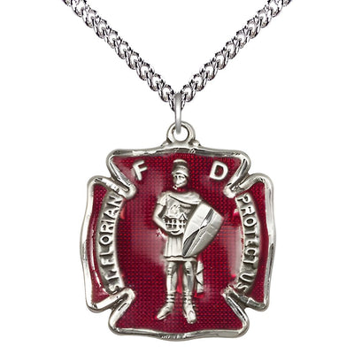 St. Florian Sterling Silver Red Maltese Cross Medal with the Sterling Silver Chain from in USA, Medal Measures 1 1/8-inch tall by 1 - inch wide, Bliss Manufacturing