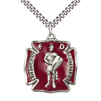 St. Florian Sterling Silver Red Maltese Cross Medal with the Plated Chain from in USA, Medal Measures 1 1/8-inch tall by 1 - inch wide, Bliss Manufacturing