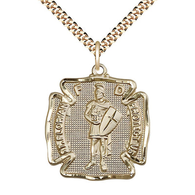 St. Florian 14kt Gold-filled Maltese Cross Medal with Gold-plated Chain, Medal Measures 1 1/8-inch tall by 1 - inch wide, Bliss Manufacturing