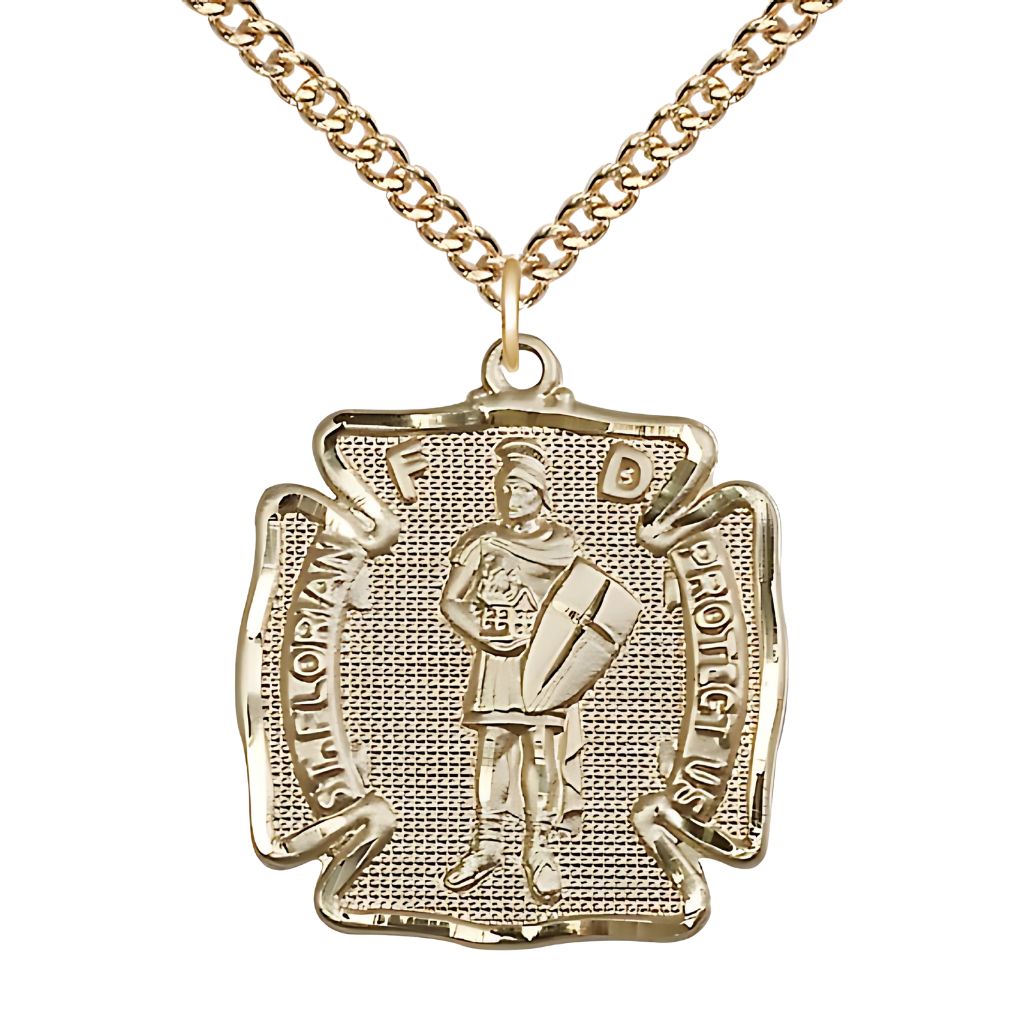 St. Florian 14kt Gold-filled Maltese Cross Medal with Gold-filled Chain, Medal Measures 1 1/8-inch tall by 1 - inch wide