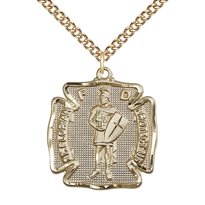 St. Florian 14kt Gold-filled Maltese Cross Medal with Gold-filled Chain, Medal Measures 1 1/8-inch tall by 1 - inch wide, Bliss Manufacturing