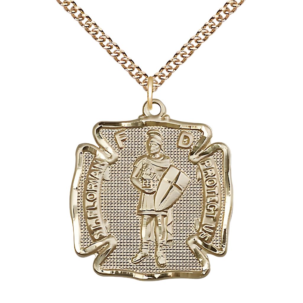 Bliss St. Florian 14kt Gold Maltese Cross Medal with 14kt Gold Chain,  Medal Measures 1 1/8-inch tall by 1 - inch wide