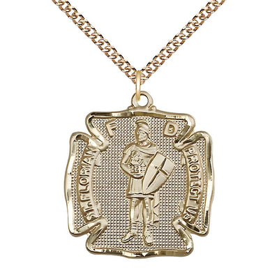 St. Florian 14kt Gold Maltese Cross Medal with 14kt Gold Chain, Medal Measures 1 1/8-inch tall by 1 - inch wide, Bliss Manufacturing