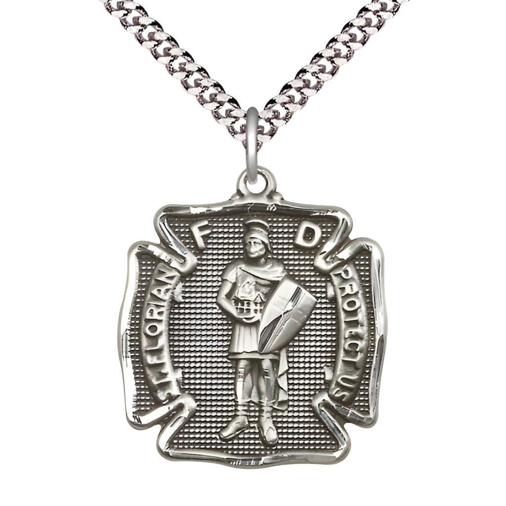 St. Florian Sterling Silver Maltese Cross Medal with Rhodium-plated Heavy Curb Chain, Measures 1 1/8-inch tall by 1-inch wide