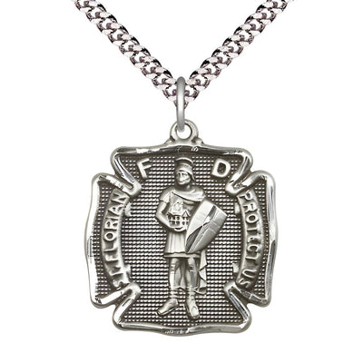 St. Florian Sterling Silver Maltese Cross Medal with Rhodium-plated Heavy Curb Chain, Measures 1 1/8-inch tall by 1-inch wide, Bliss Manufacturing