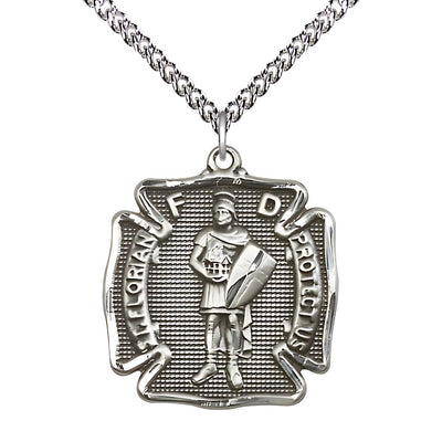 St. Florian Sterling Silver Maltese Cross Medal with Sterling Silver Heavy Curb Chain, Measures 1 1/8-inch tall by 1-inch wide, Bliss Manufacturing