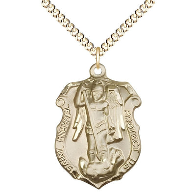 Shield St. Michael the Archangel 14kt Gold-filled Oval Medal Pendant with Gold-plated Chain, Measures 1 1/4-inch tall by 3/4 wide. Deluxe Gift Box, Bliss Manufacturing