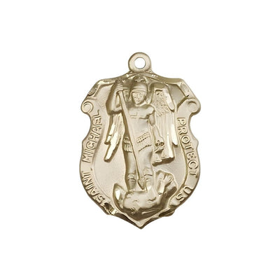 Shield St. Michael the Archangel 14kt Gold Oval Medal Pendant, Measures 1 1/4-inch tall by 3/4 wide. Deluxe Gift Box, Bliss Manufacturing